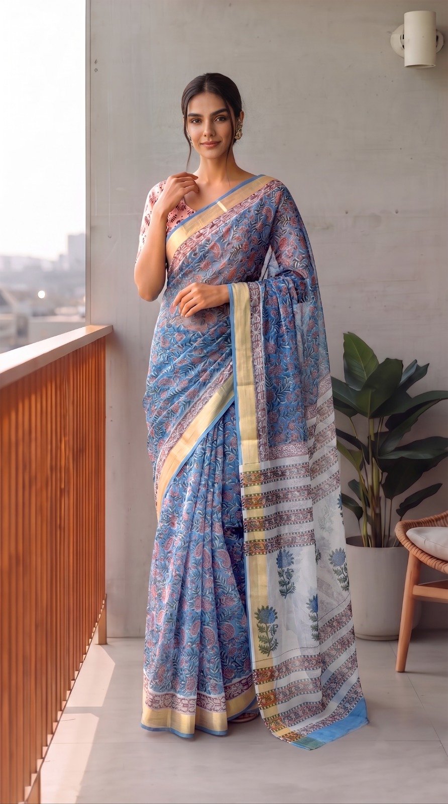 Chiffon Hand Block Printed Saree