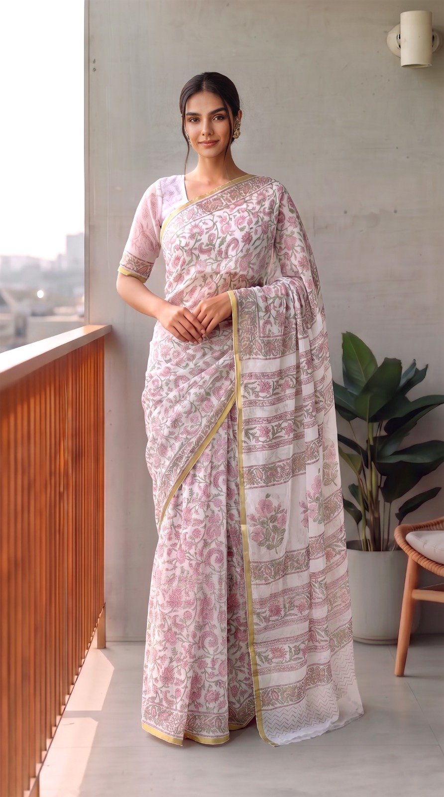 Chiffon Hand Block Printed Saree