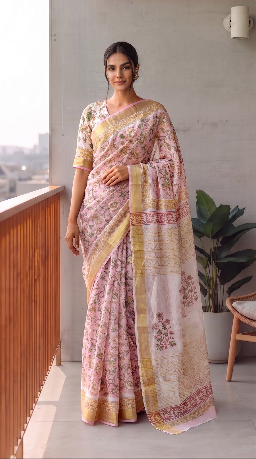 Chiffon Hand Block Printed Saree