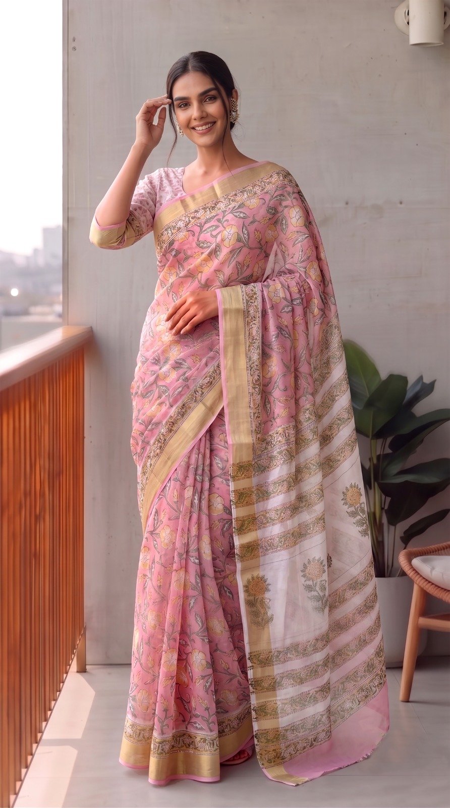 Chiffon Hand Block Printed Saree