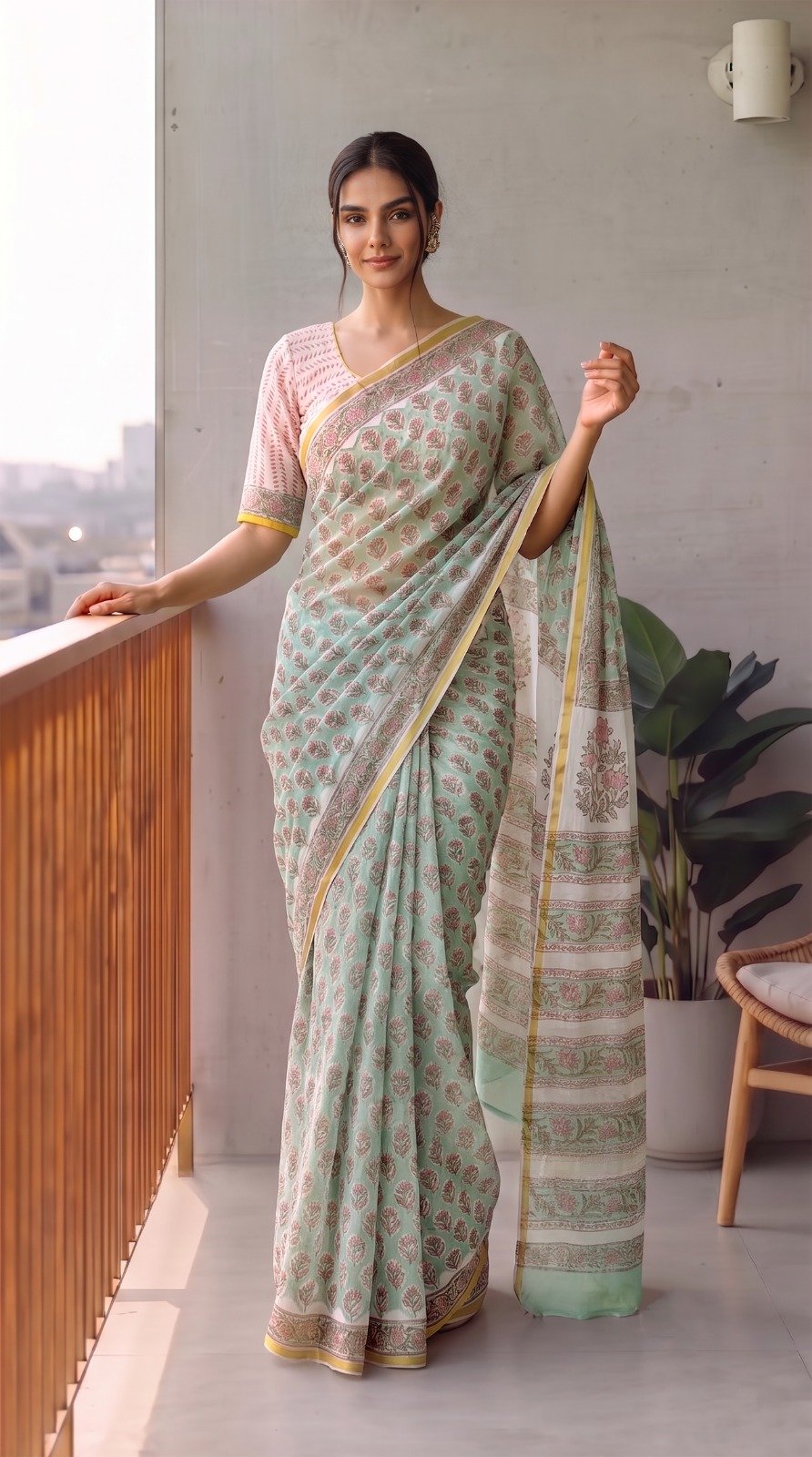 Chiffon Hand Block Printed Saree