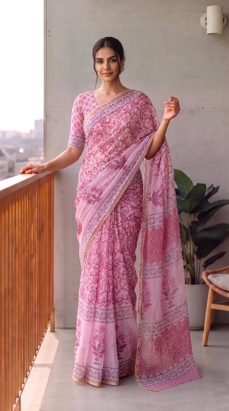 Chiffon Hand Block Printed Saree