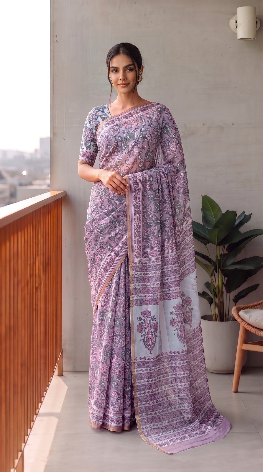 Chiffon Hand Block Printed Saree
