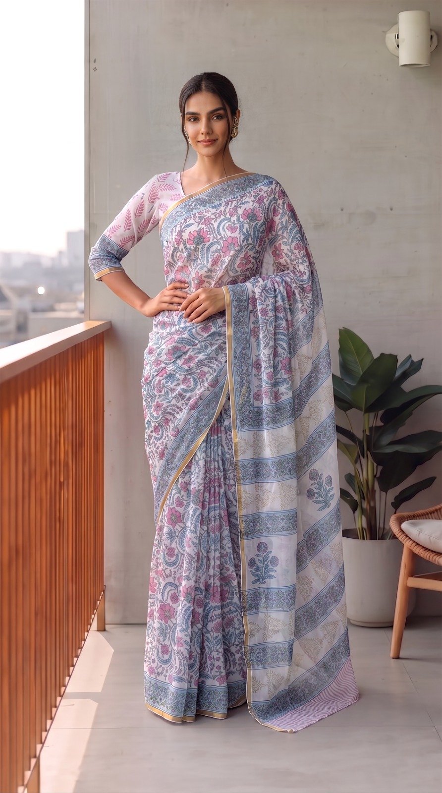 Chiffon Hand Block Printed Saree
