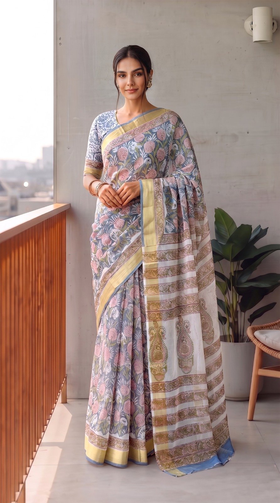 Chiffon Hand Block Printed Saree