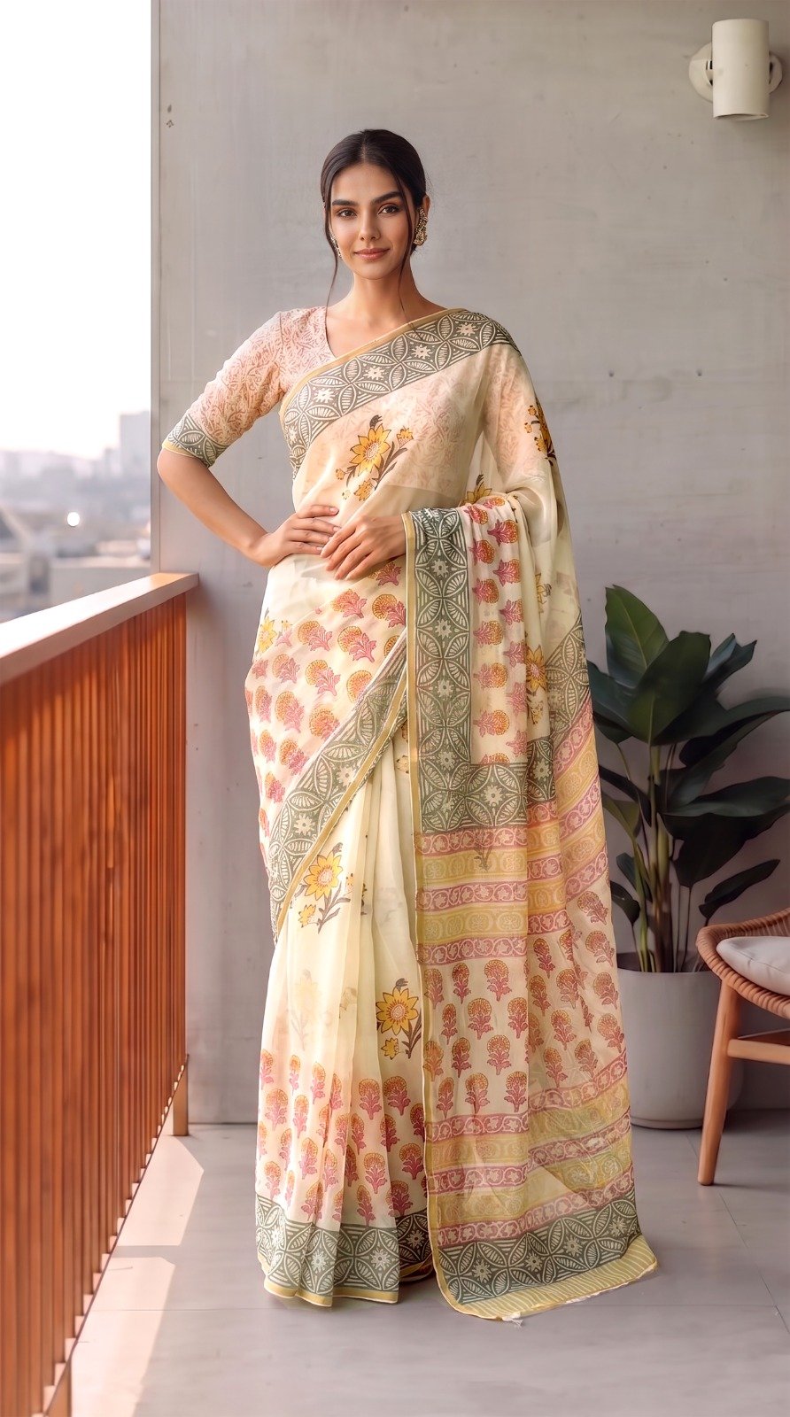 Chiffon Hand Block Printed Saree