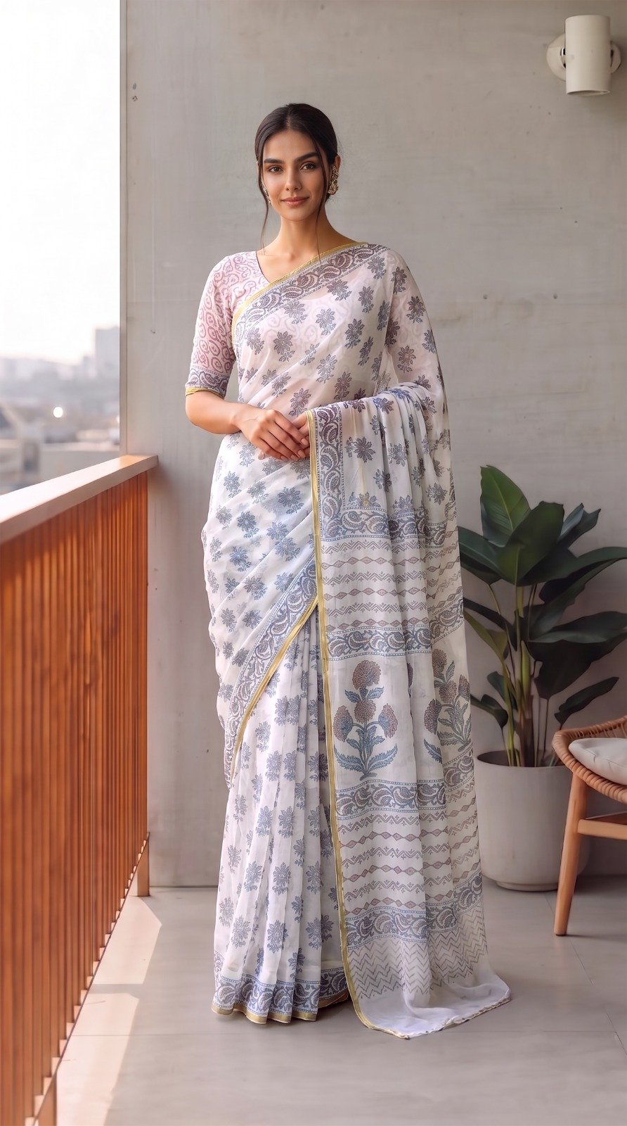 Chiffon Hand Block Printed Saree