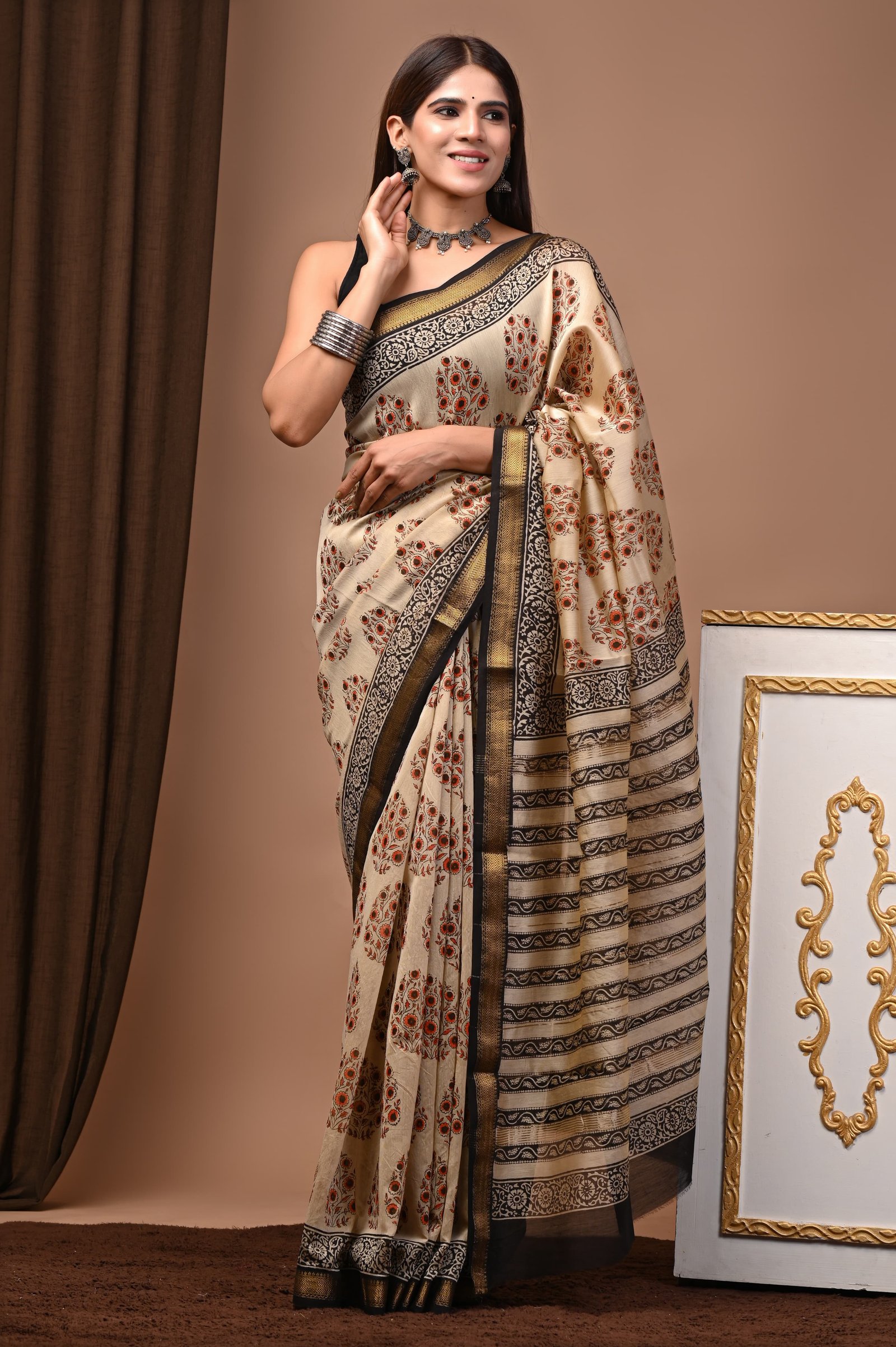 Maheshwari Hand Block Printed Saree