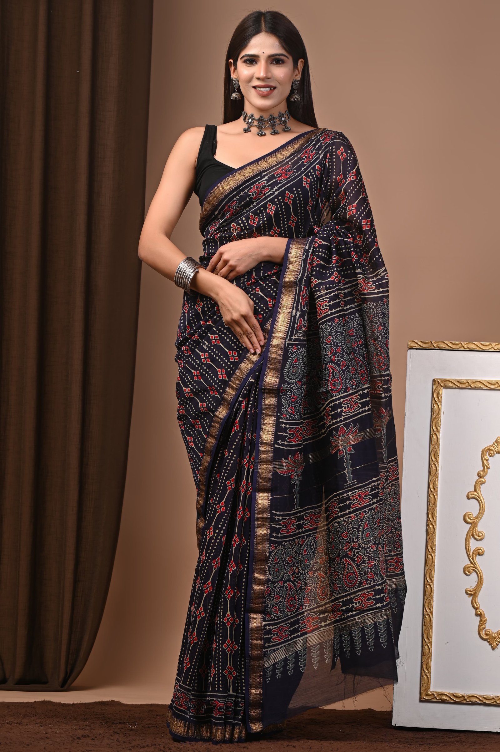 Maheshwari Hand Block Printed Saree