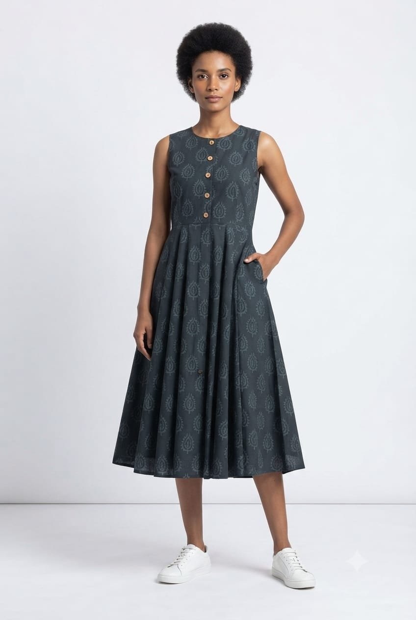 Cotton Printed Sleeve Less Dress