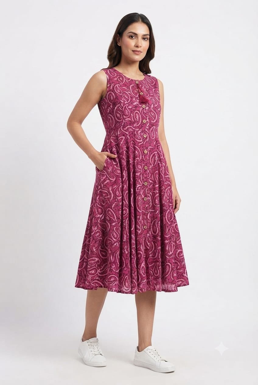 Cotton Printed Sleeve Less Dress