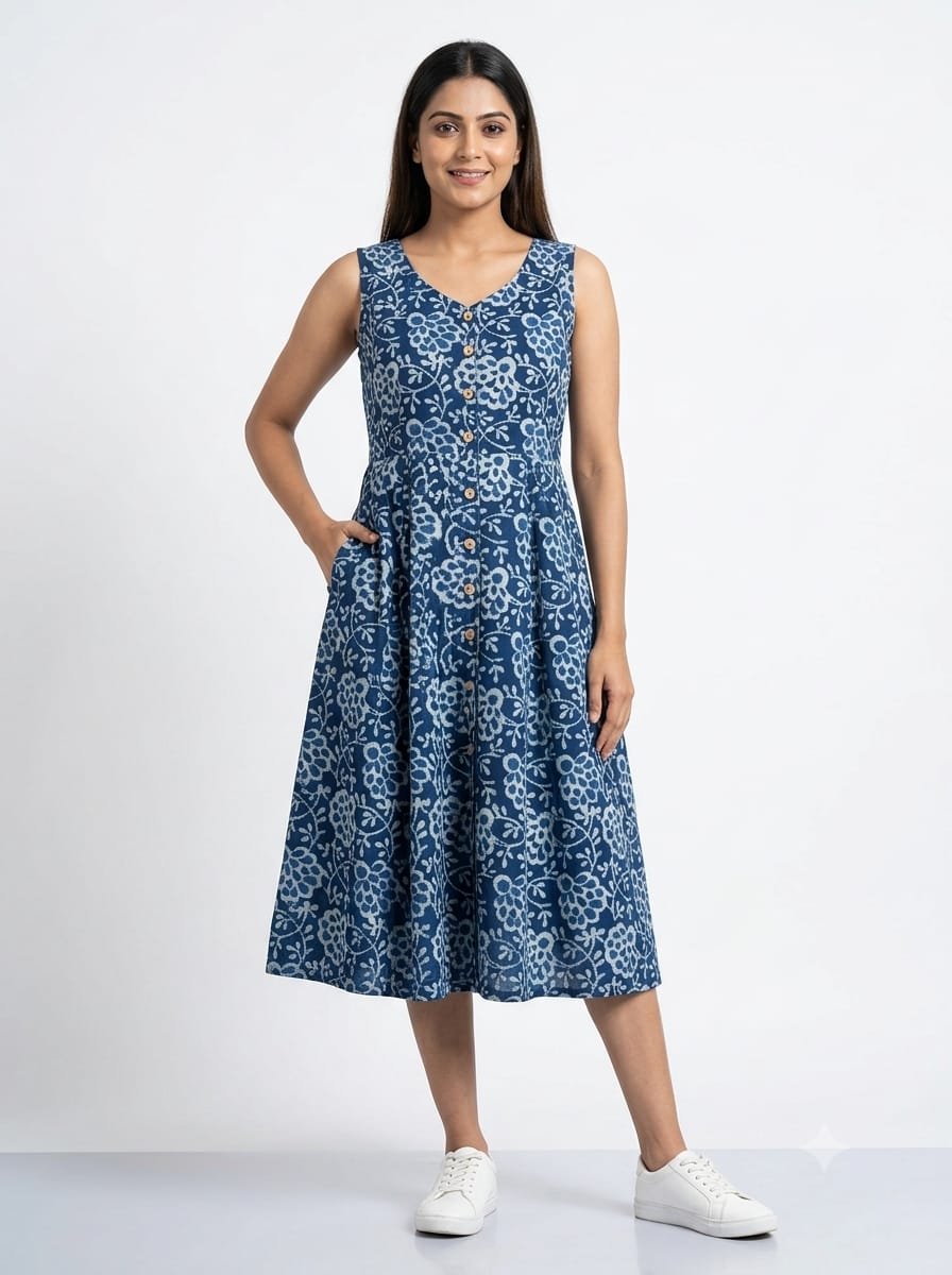 Cotton Printed Sleeve Less Dress