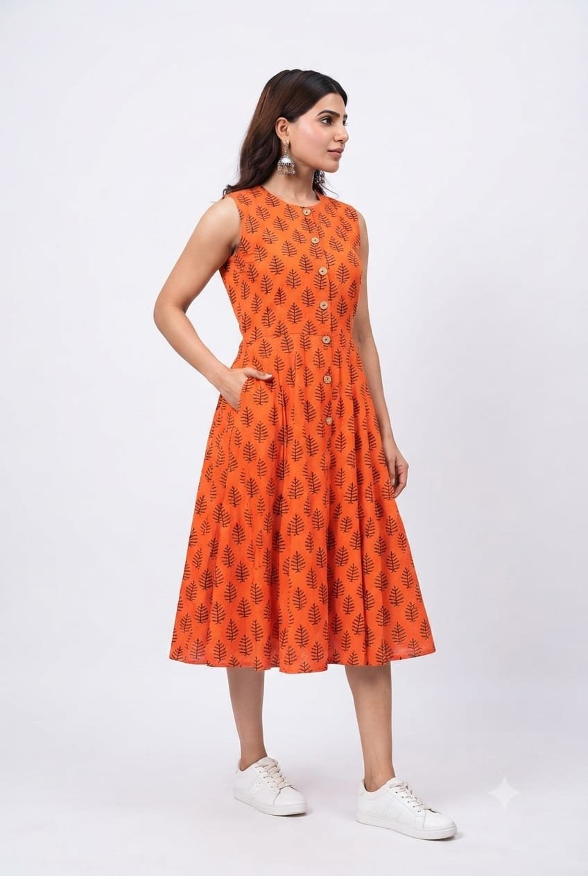 Cotton Printed Sleeve Less Dress