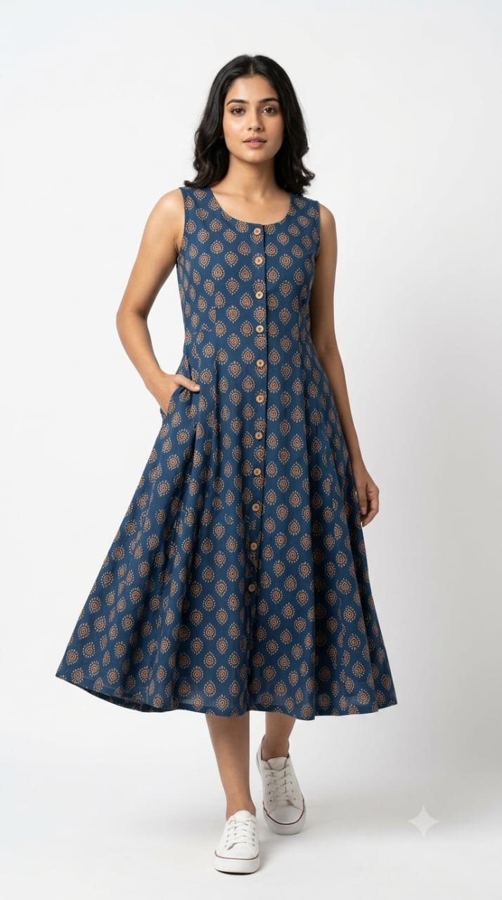 Cotton Printed Sleeve Less Dress