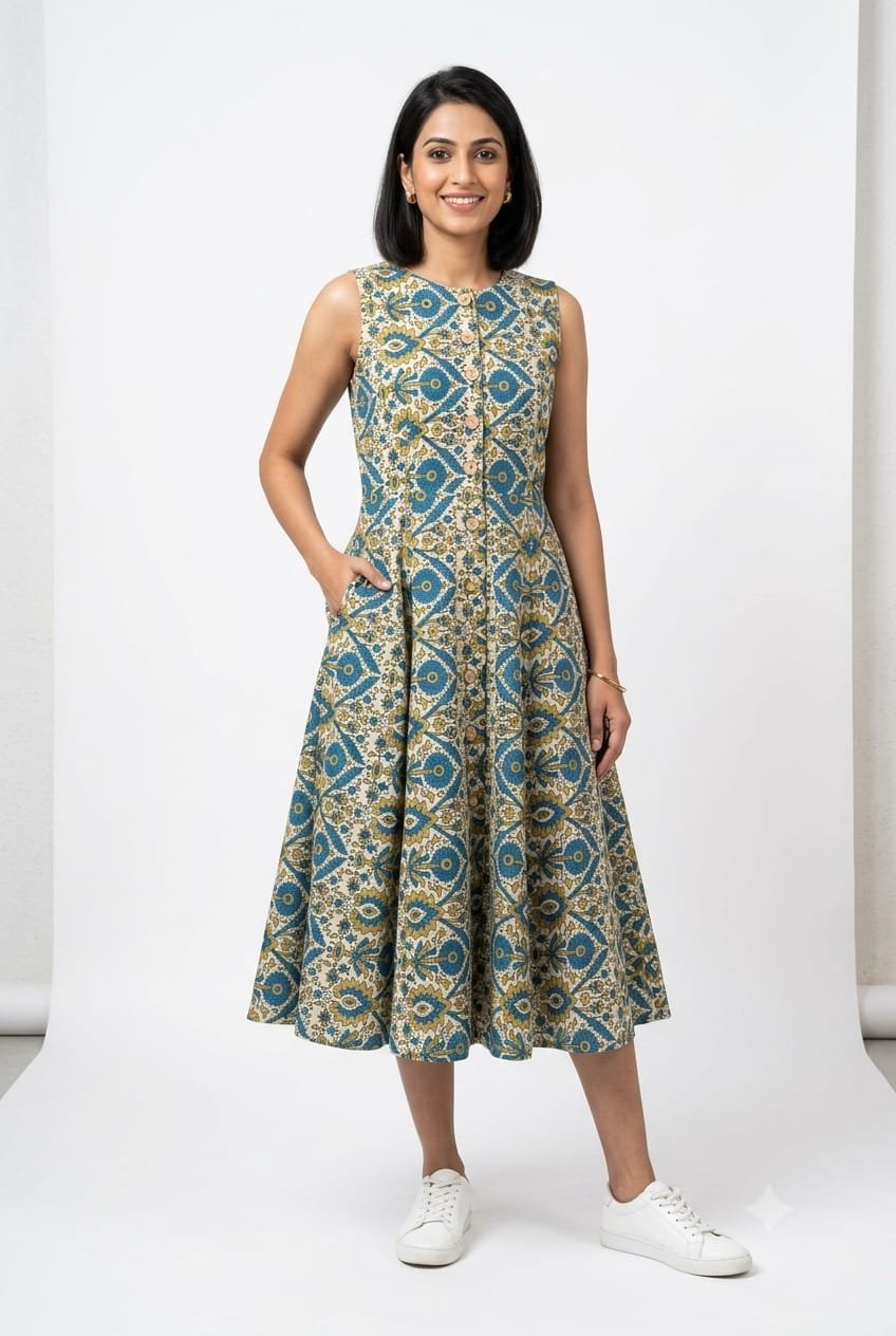 Cotton Printed Sleeve Less Dress