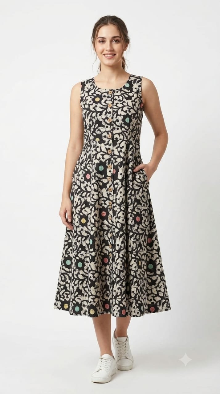 Cotton Printed Sleeve Less Dress