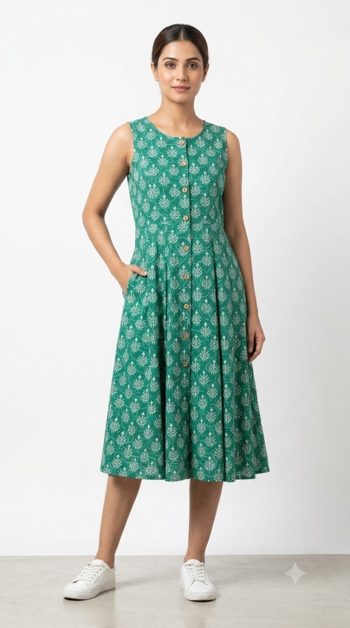 Cotton Printed Sleeve Less Dress