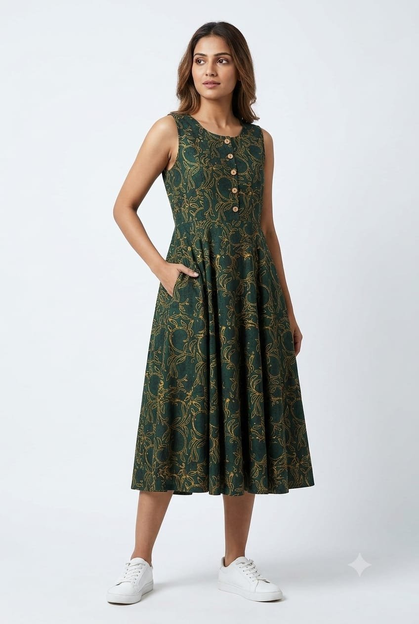Cotton Printed Sleeve Less Dress