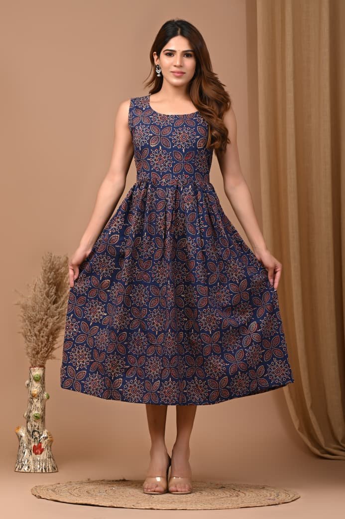 Cotton Printed Sleeve Less Dress