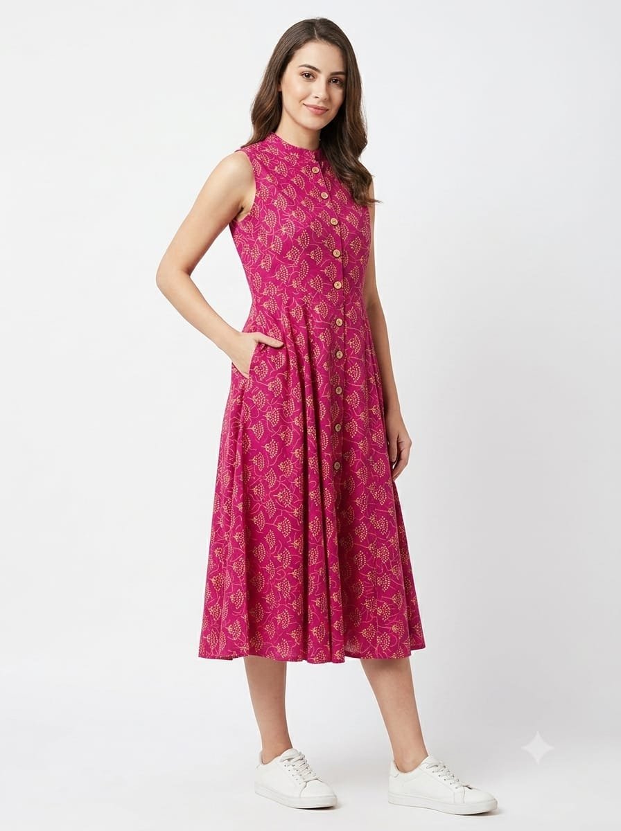 Cotton Printed Sleeve Less Dress
