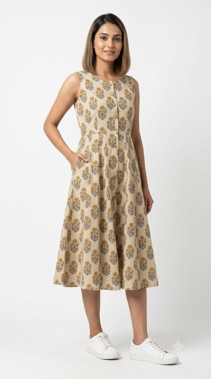 Cotton Printed Sleeve Less Dress