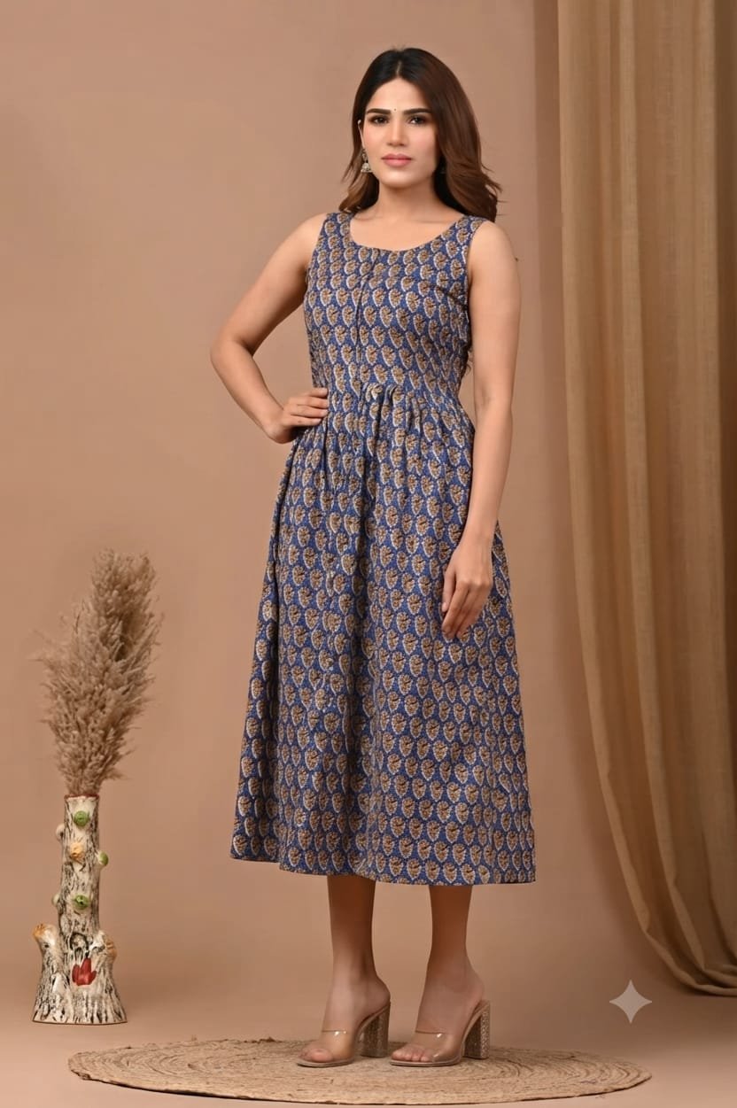 Cotton Printed Sleeve Less Dress