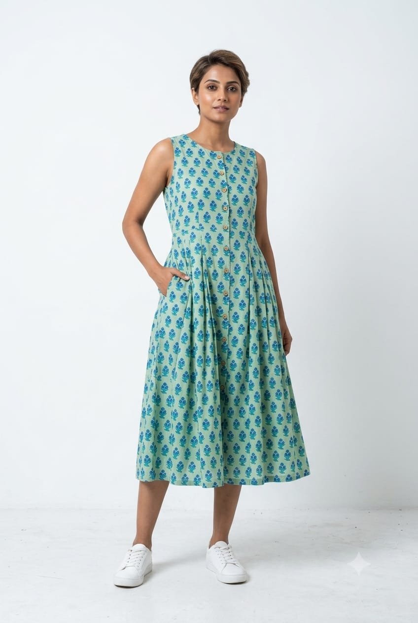 Cotton Printed Sleeve Less Dress