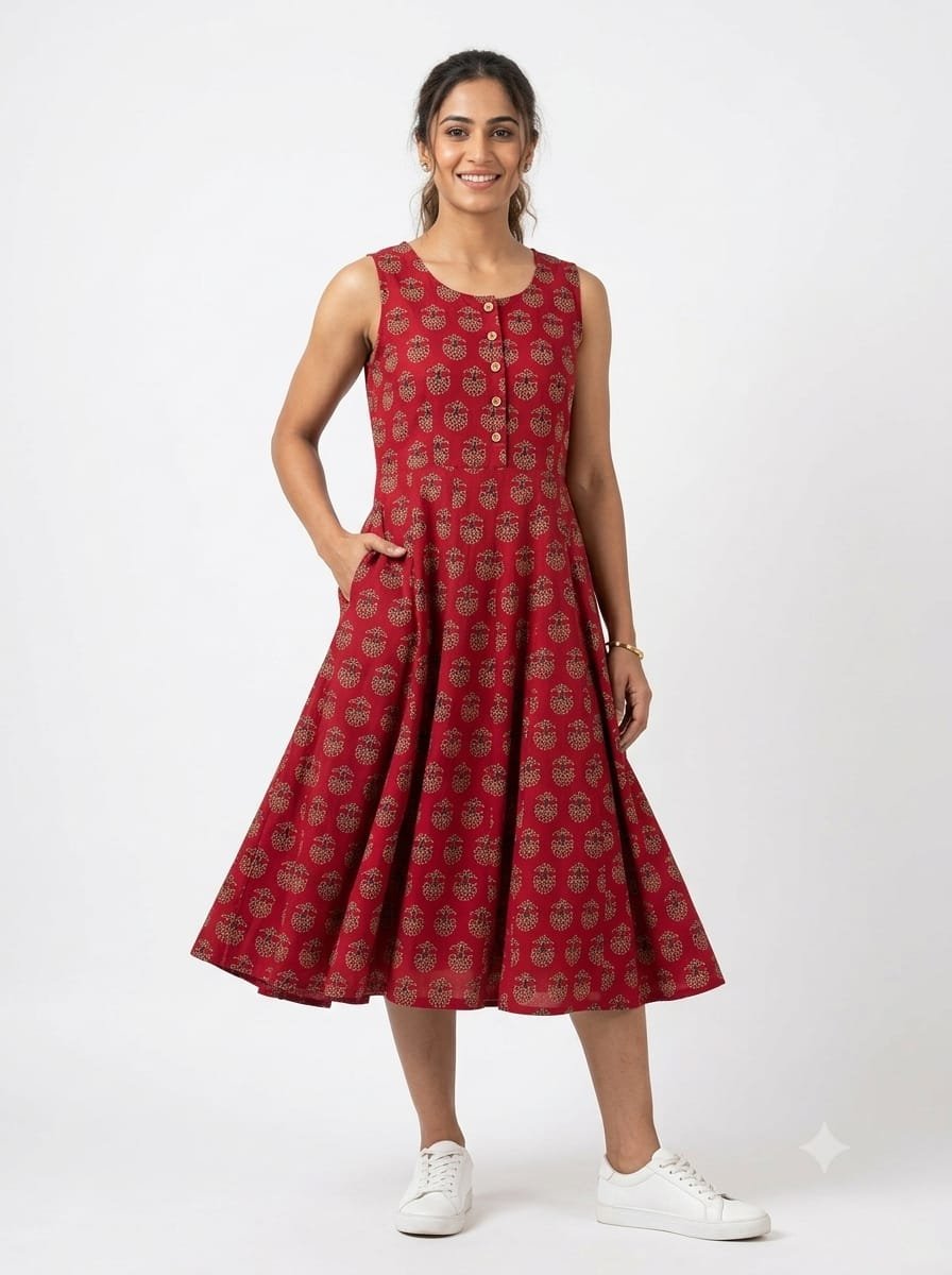 Cotton Printed Sleeve Less Dress