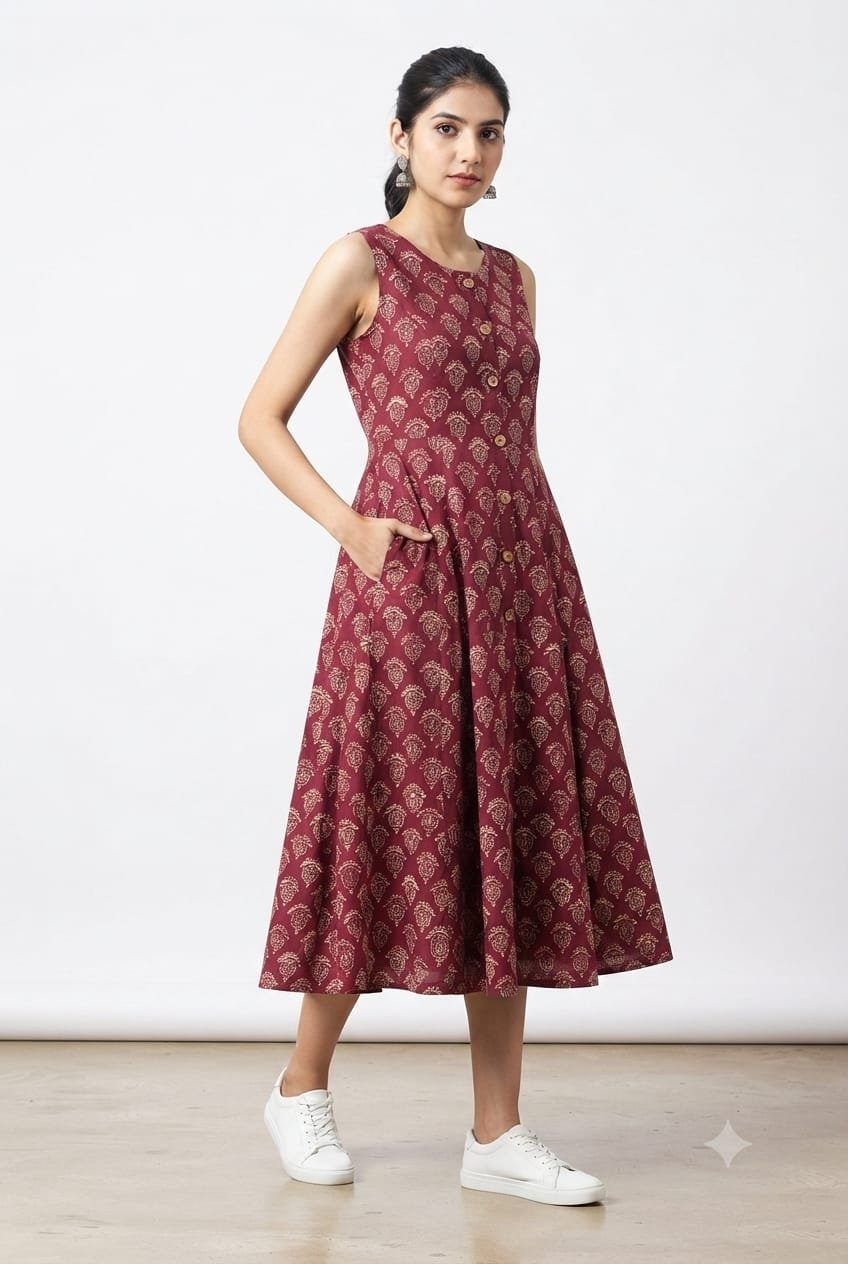 Cotton Printed Sleeve Less Dress