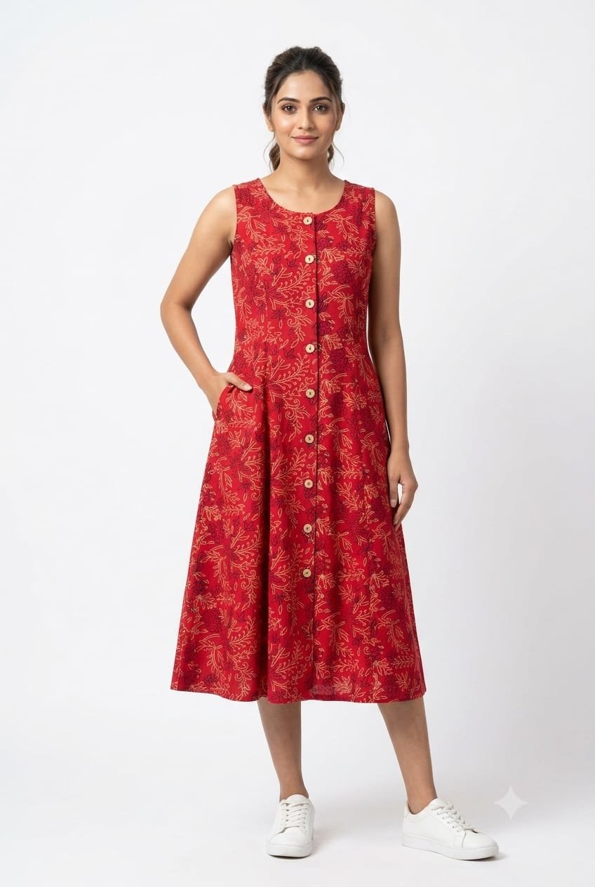 Cotton Printed Sleeve Less Dress