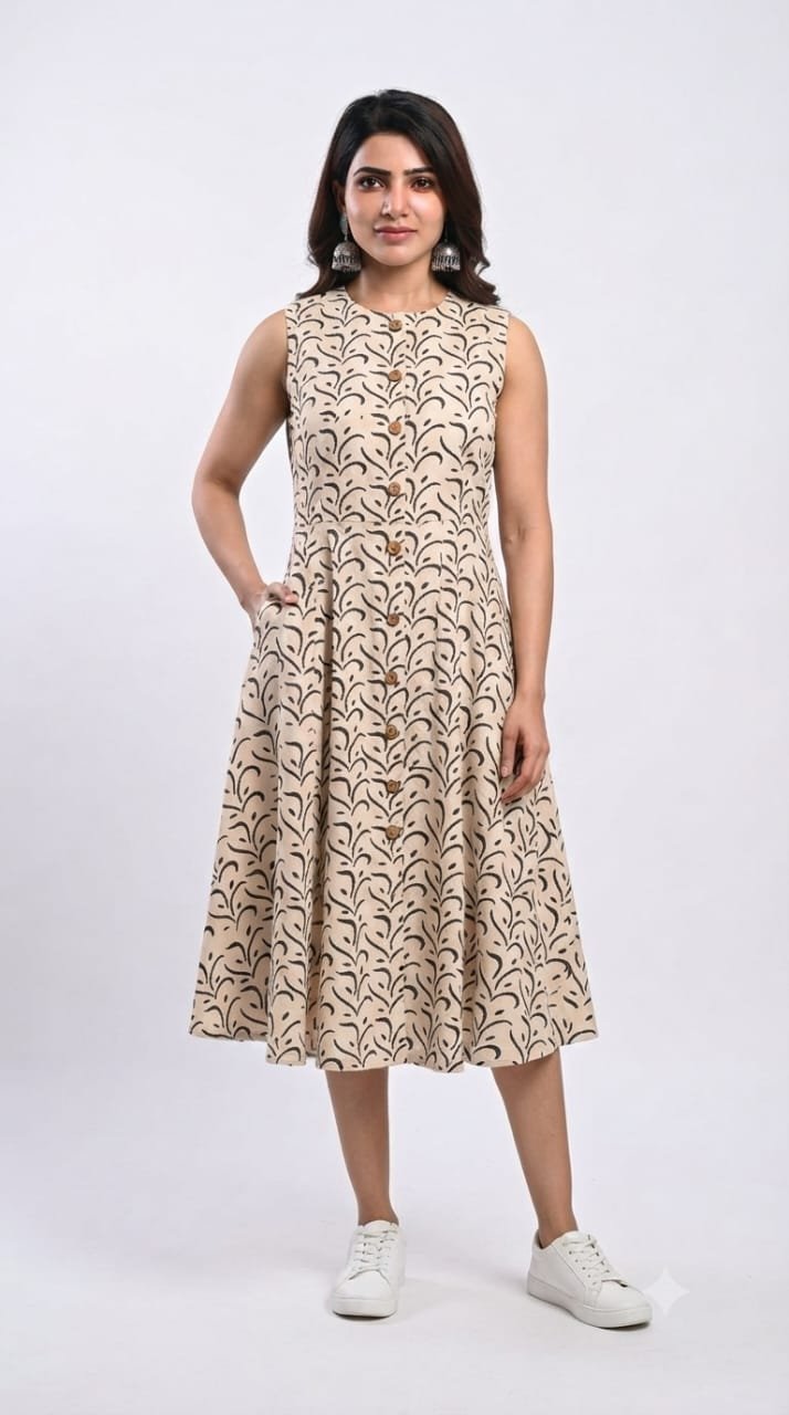 Cotton Printed Sleeve Less Dress