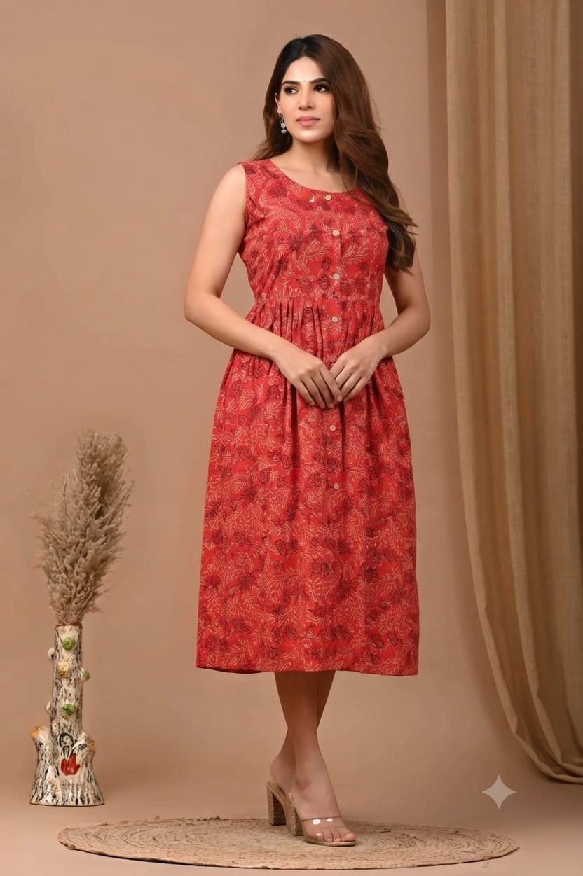 Cotton Printed Sleeve Less Dress