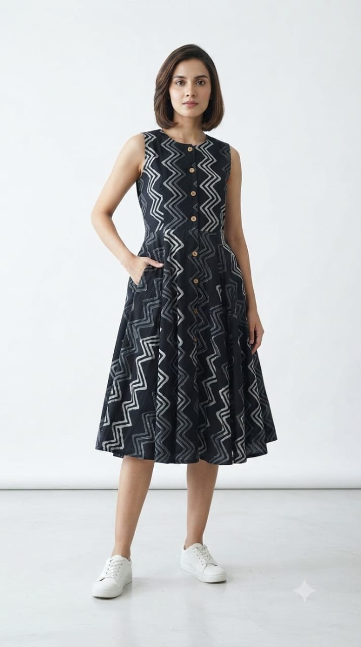 Cotton Printed Sleeve Less Dress