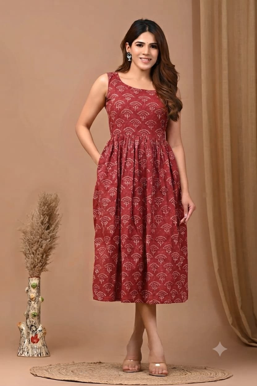 Cotton Printed Sleeve Less Dress