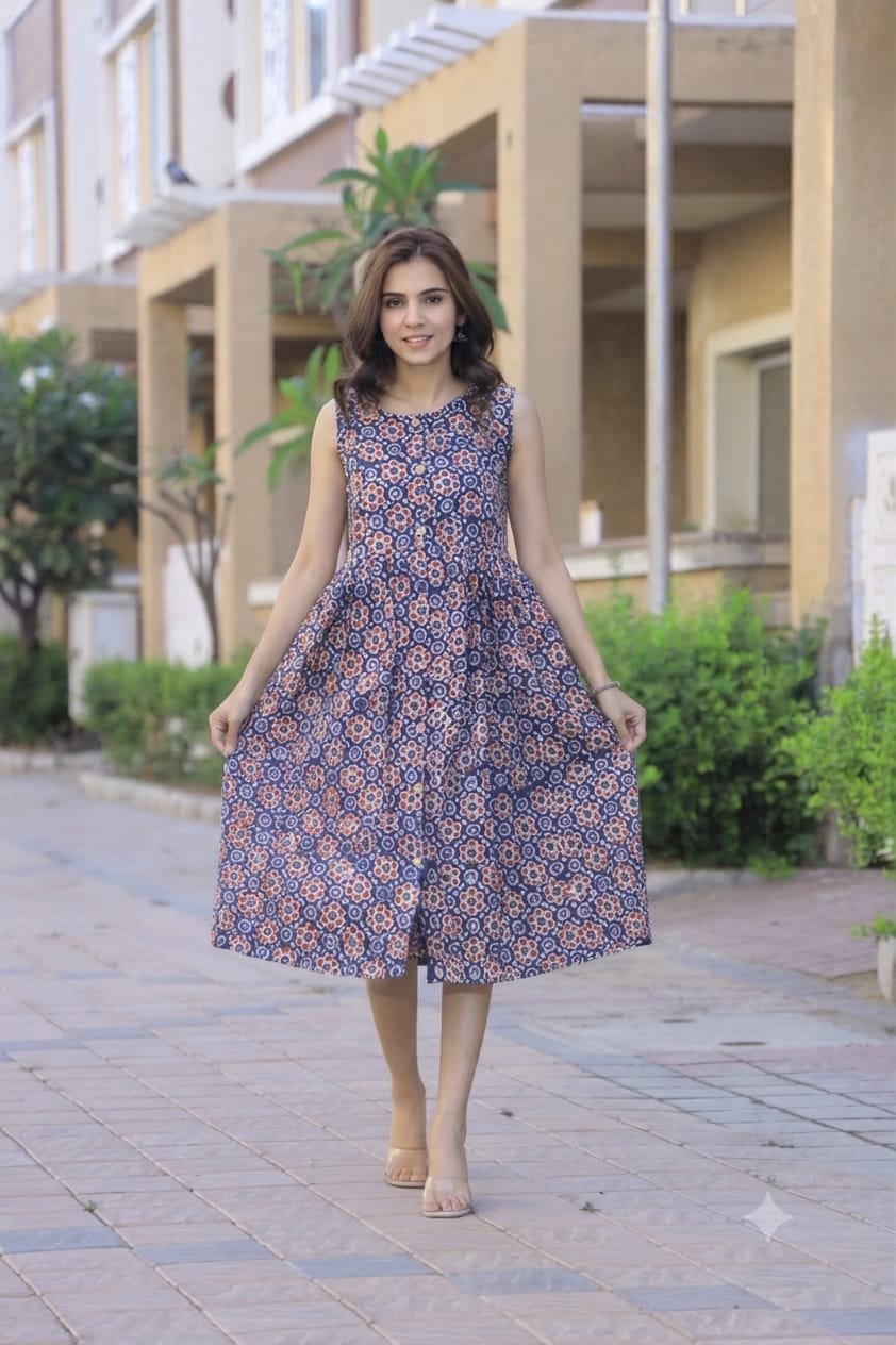 Cotton Printed Sleeve Less Dress
