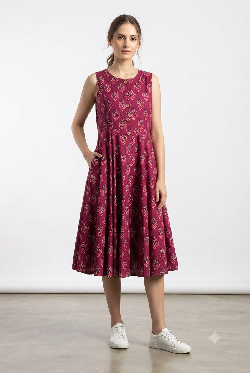 Cotton Printed Sleeve Less Dress