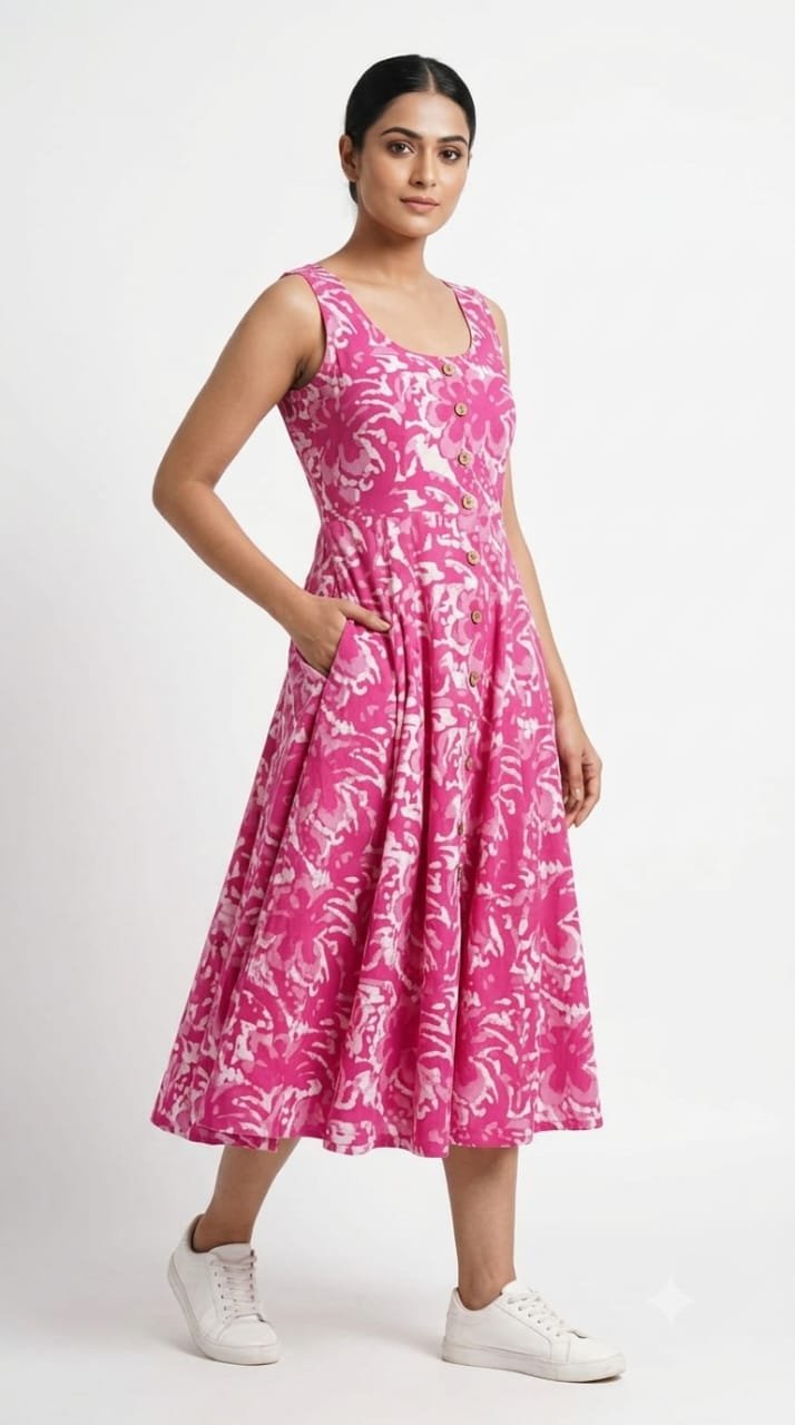 Cotton Printed Sleeve Less Dress