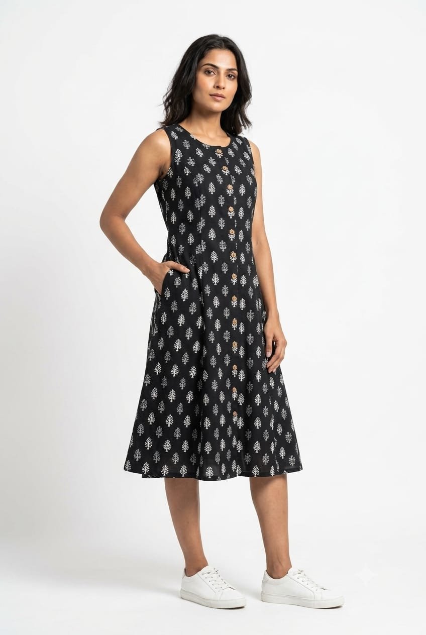 Cotton Printed Sleeve Less Dress