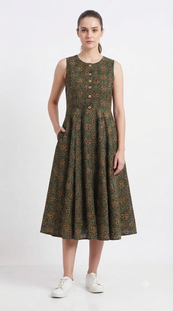 Cotton Printed Sleeve Less Dress