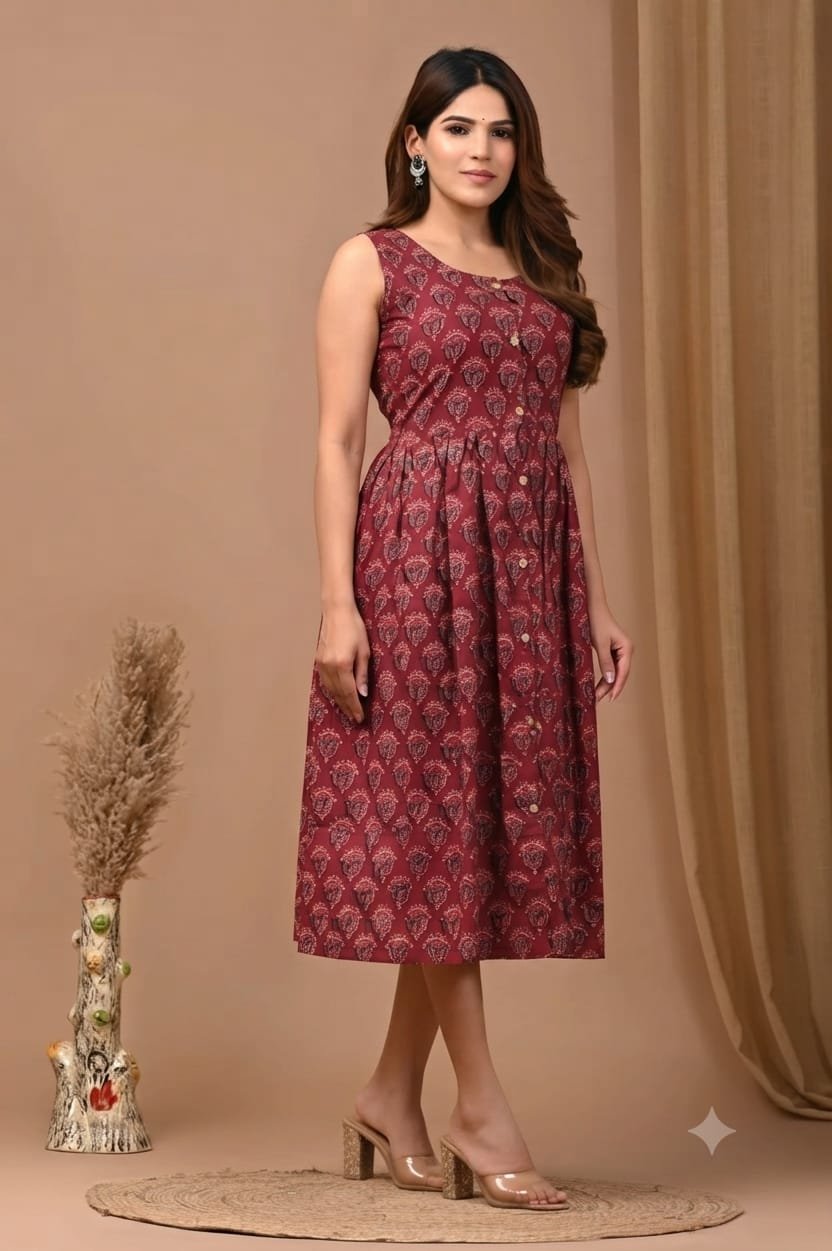 Cotton Printed Sleeve Less Dress