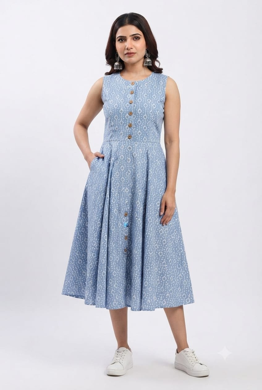 Cotton Printed Sleeve Less Dress