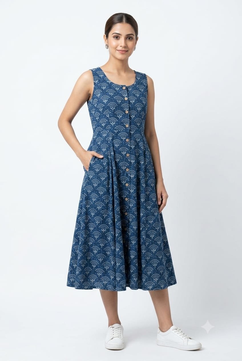 Cotton Printed Sleeve Less Dress
