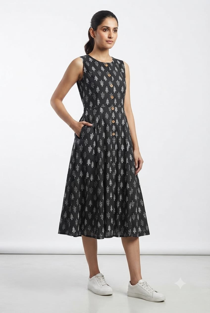 Cotton Printed Sleeve Less Dress
