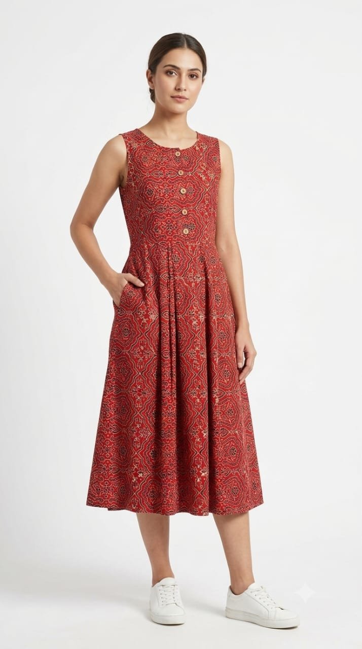Cotton Printed Sleeve Less Dress