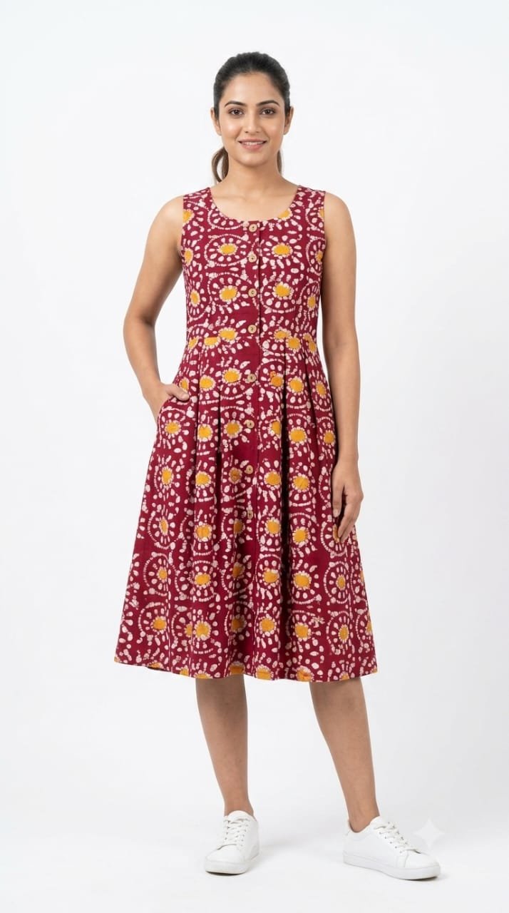Cotton Printed Sleeve Less Dress