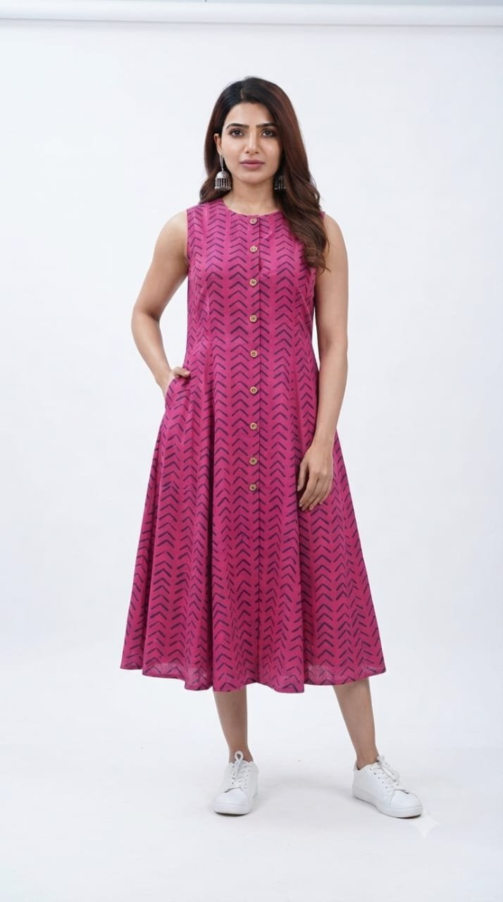 Cotton Printed Sleeve Less Dress