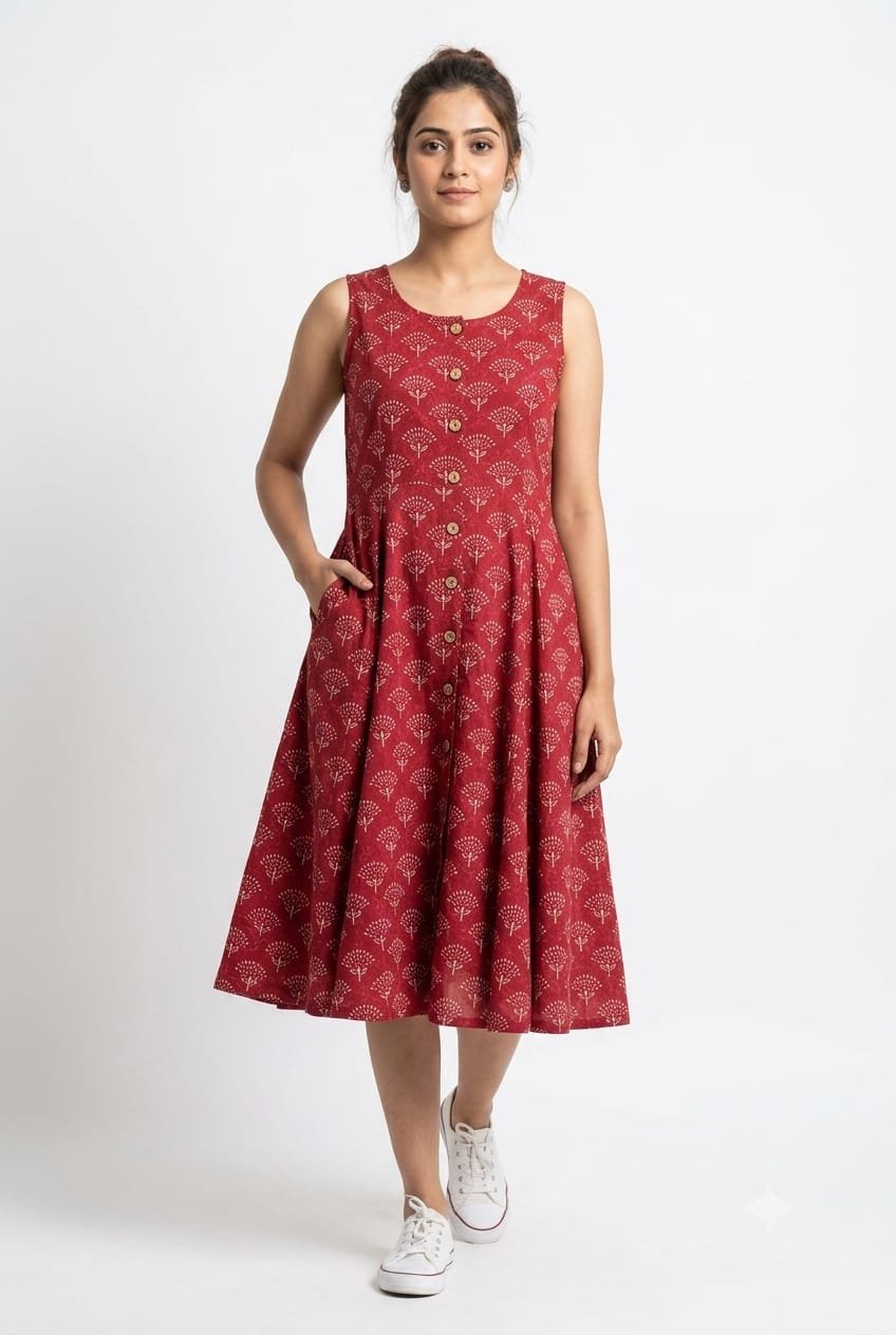 Cotton Printed Sleeve Less Dress