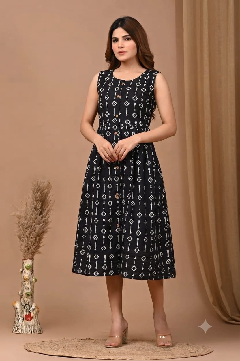 Cotton Printed Sleeve Less Dress