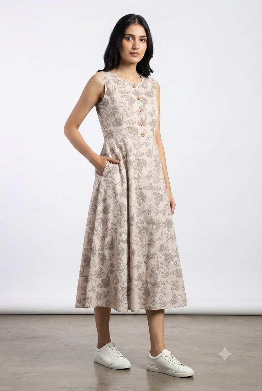 Cotton Printed Sleeve Less Dress
