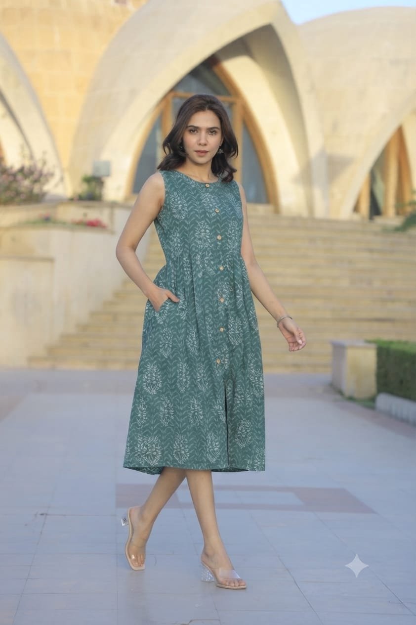 Cotton Printed Sleeve Less Dress